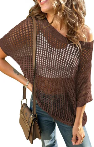 UEU Womens Summer Short Sleeve Crochet Tops Casual Off The Shoulder Knit Sweater Hollow Out Swim Beach Cover Up