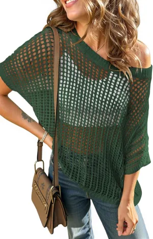 UEU Womens Summer Short Sleeve Crochet Tops Casual Off The Shoulder Knit Sweater Hollow Out Swim Beach Cover Up