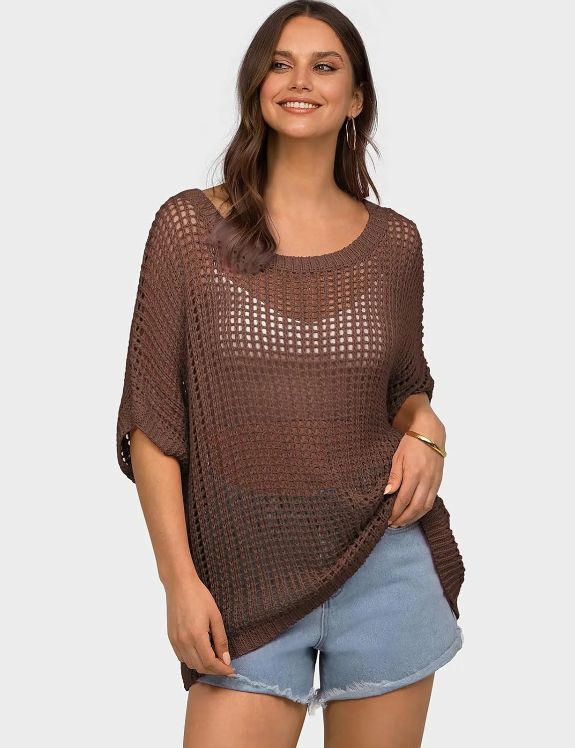 UEU Womens Summer Short Sleeve Crochet Tops Casual Off The Shoulder Knit Sweater Hollow Out Swim Beach Cover Up