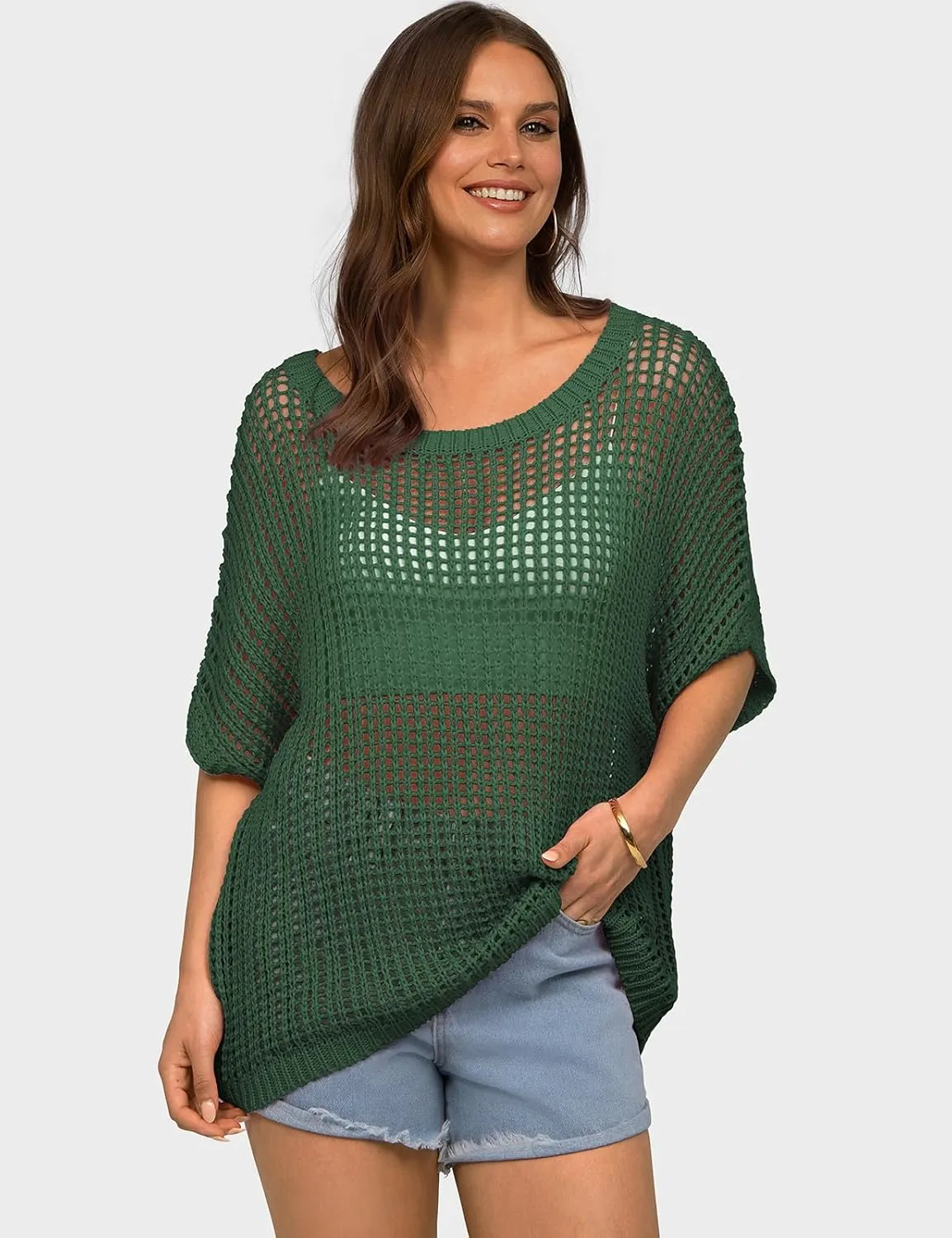 UEU Womens Summer Short Sleeve Crochet Tops Casual Off The Shoulder Knit Sweater Hollow Out Swim Beach Cover Up