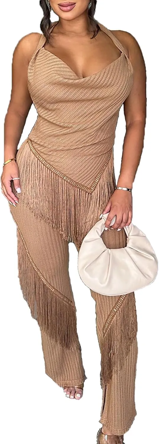 Uni Clau Women's Sexy 2 Piece Outfits Fringe Pants Set Party Club Night Tassel Halter Tops Matching Lounge Clothing