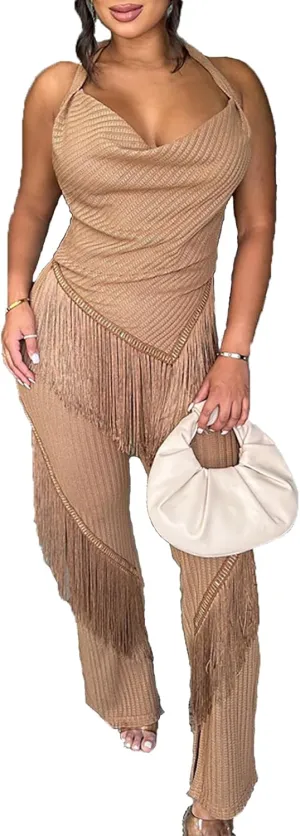 Uni Clau Women's Sexy 2 Piece Outfits Fringe Pants Set Party Club Night Tassel Halter Tops Matching Lounge Clothing
