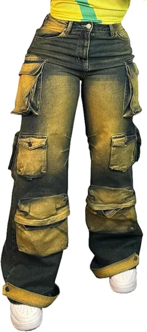Vakkest Cargo Jeans for Women Trendy High Waisted Wide Straight Leg Loose Baggy Denim Pants with Pockets Y2K Trousers
