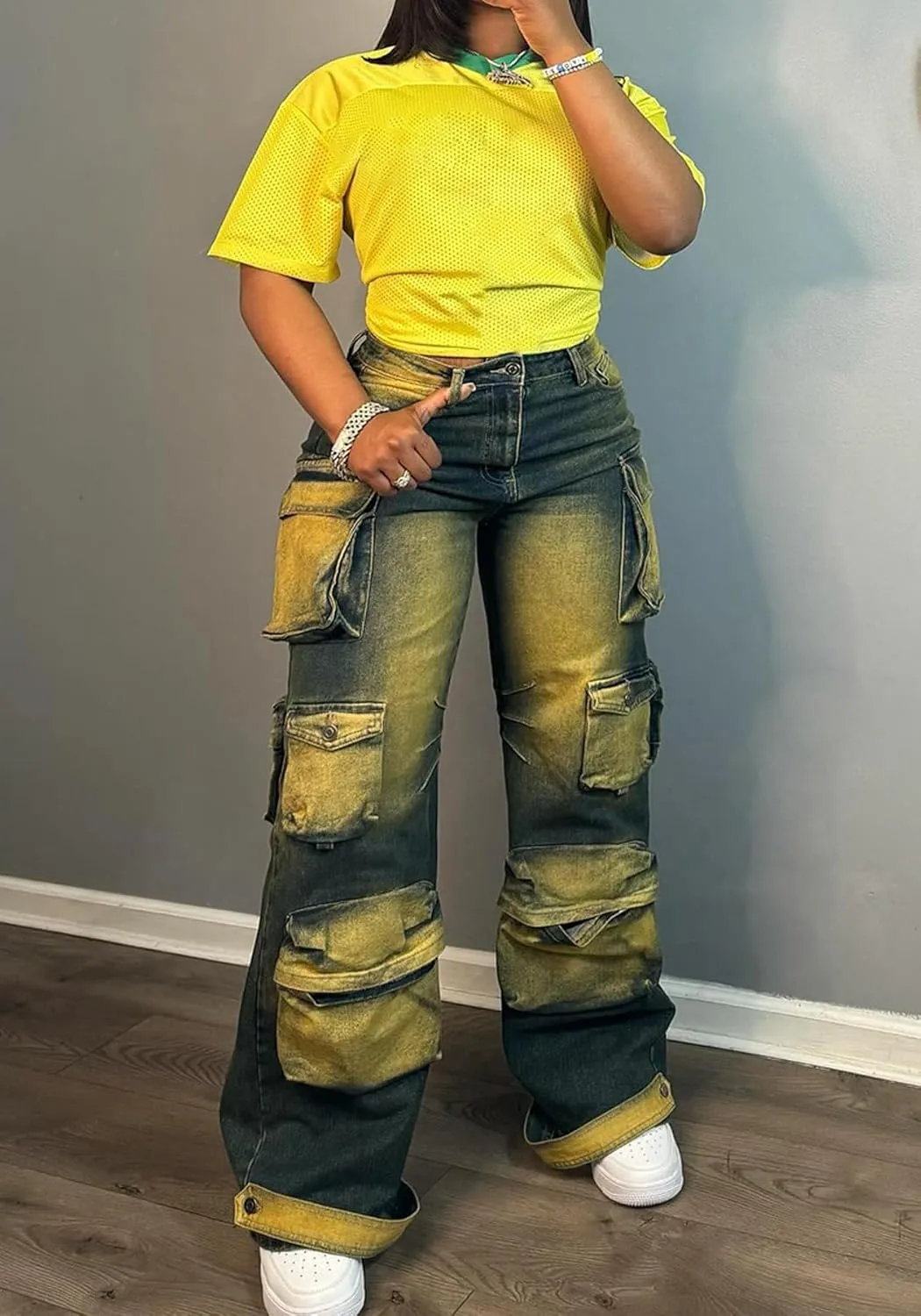 Vakkest Cargo Jeans for Women Trendy High Waisted Wide Straight Leg Loose Baggy Denim Pants with Pockets Y2K Trousers