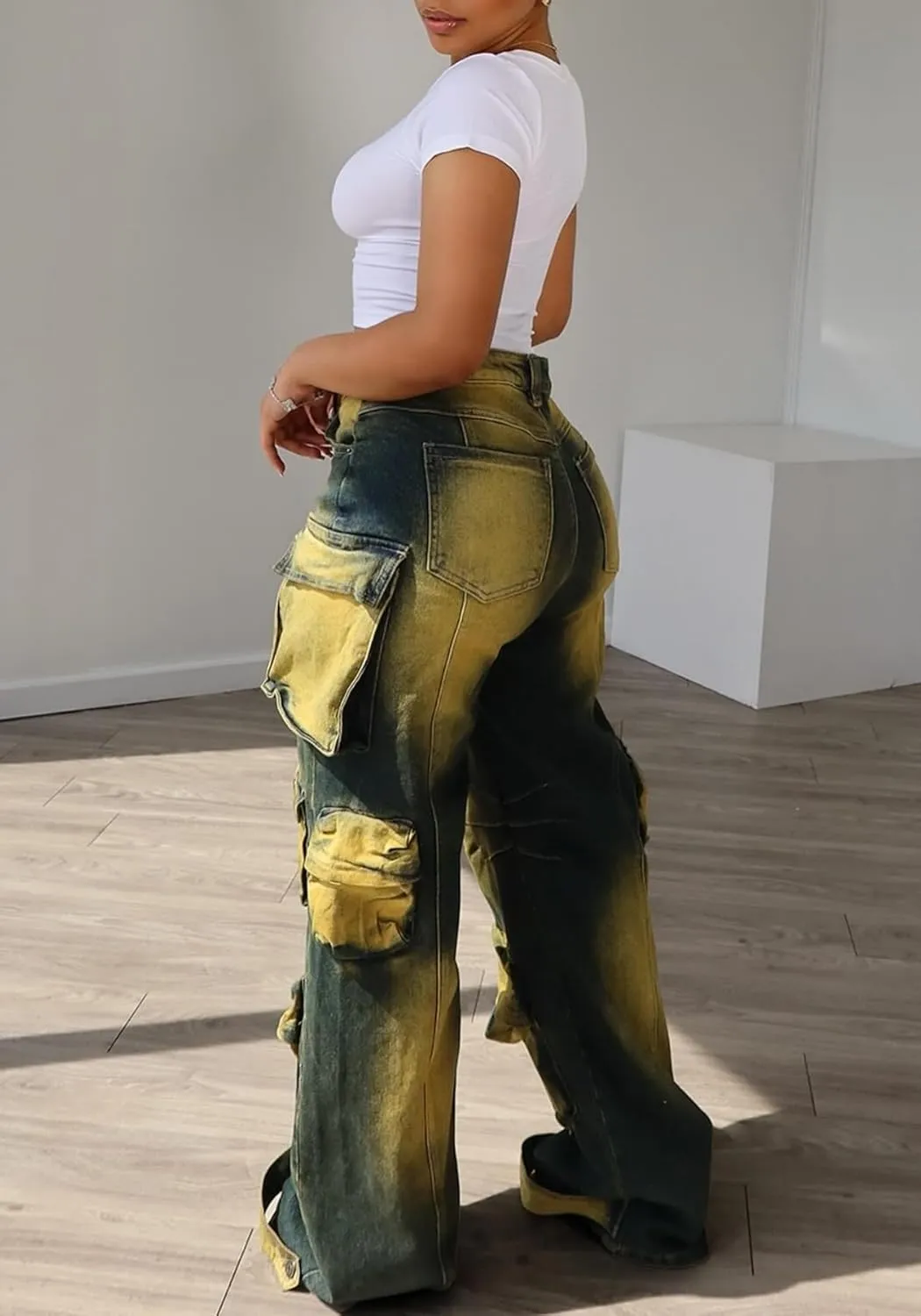 Vakkest Cargo Jeans for Women Trendy High Waisted Wide Straight Leg Loose Baggy Denim Pants with Pockets Y2K Trousers