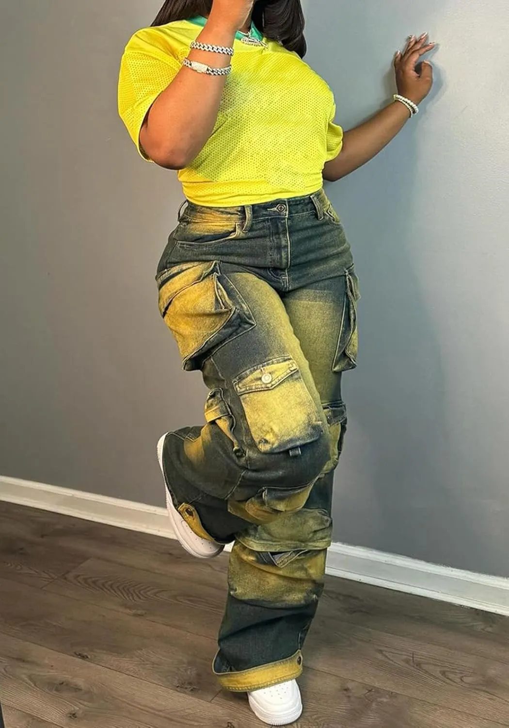 Vakkest Cargo Jeans for Women Trendy High Waisted Wide Straight Leg Loose Baggy Denim Pants with Pockets Y2K Trousers