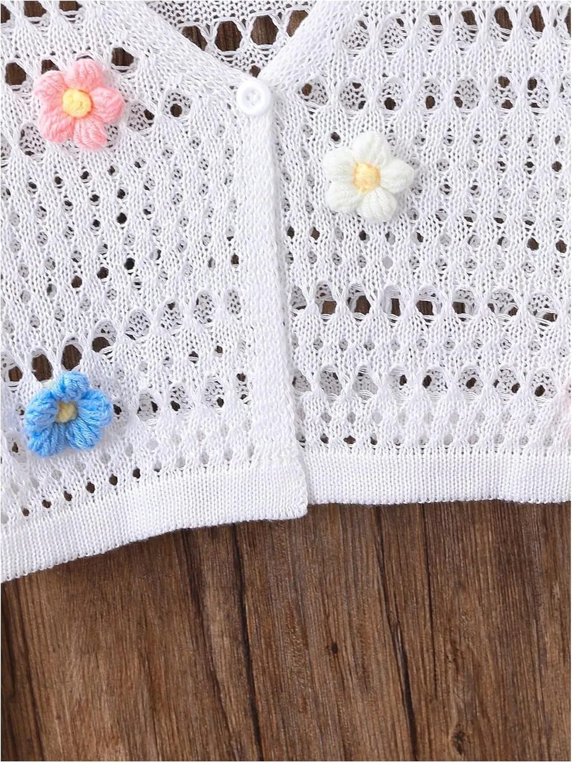 Verdusa Girl's 3D Floral Applique Long Sleeve Hollow Out Knitted Button Up Cardigan