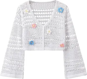 Verdusa Girl's 3D Floral Applique Long Sleeve Hollow Out Knitted Button Up Cardigan