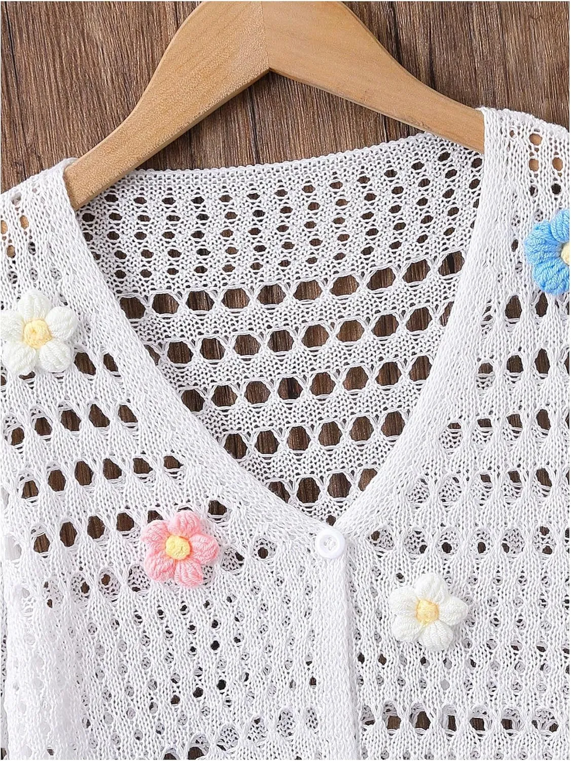 Verdusa Girl's 3D Floral Applique Long Sleeve Hollow Out Knitted Button Up Cardigan