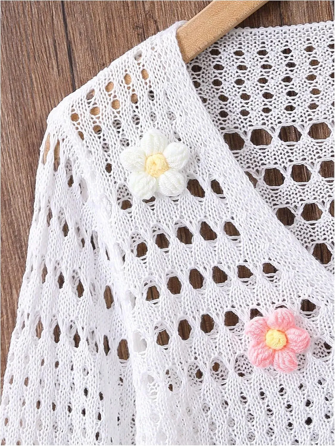 Verdusa Girl's 3D Floral Applique Long Sleeve Hollow Out Knitted Button Up Cardigan