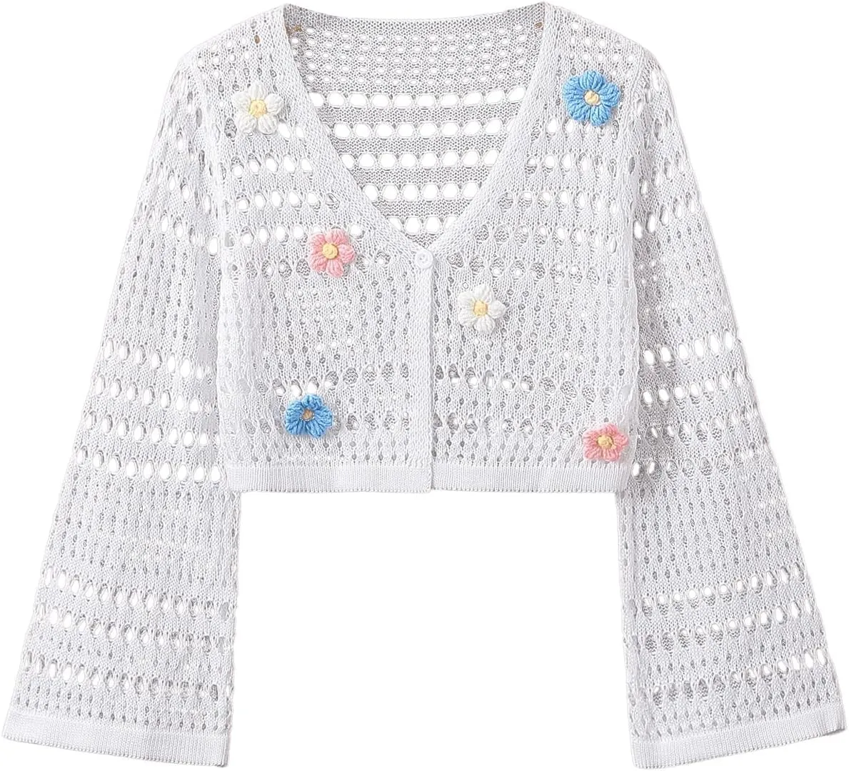 Verdusa Girl's 3D Floral Applique Long Sleeve Hollow Out Knitted Button Up Cardigan