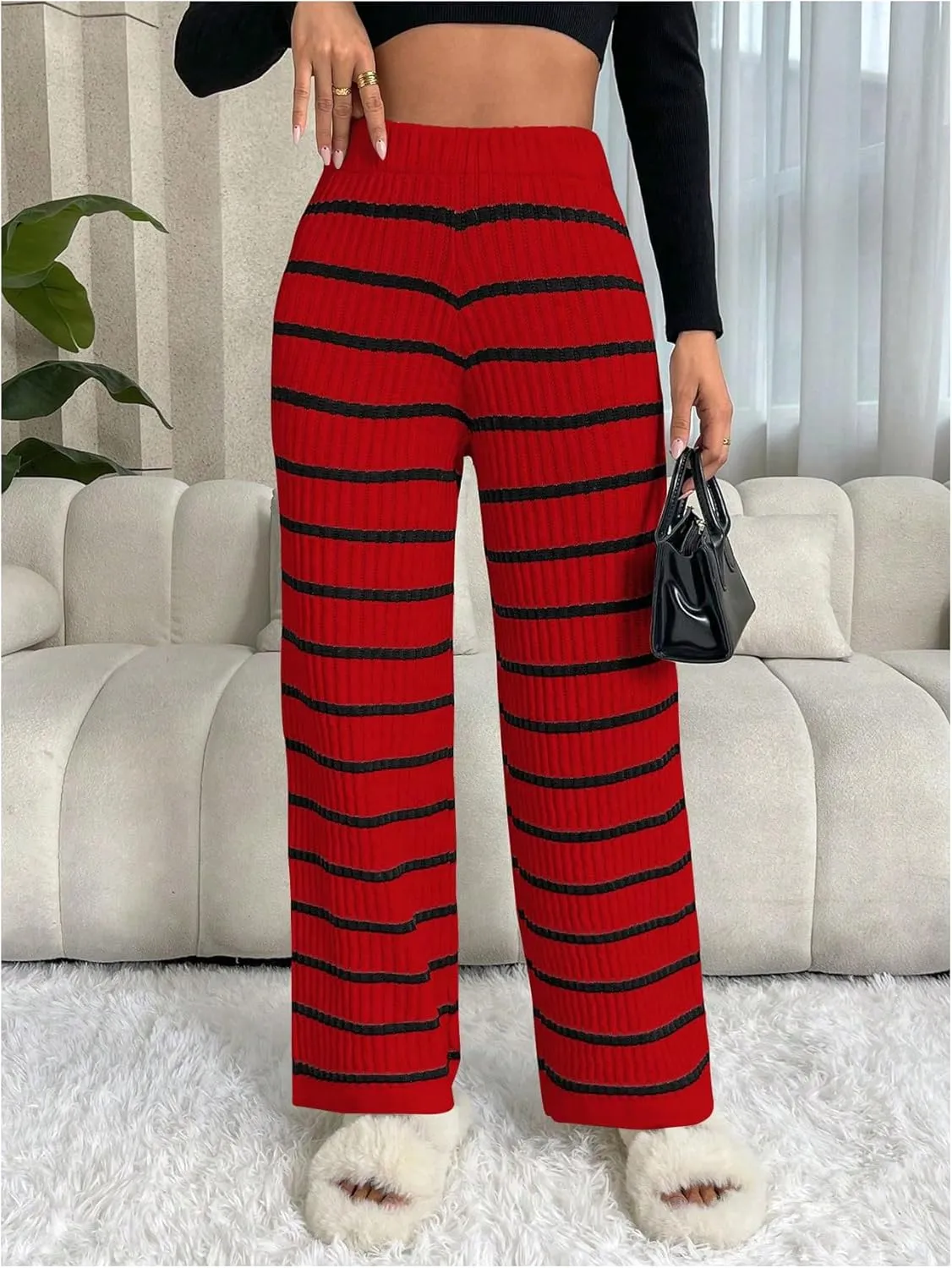 Verdusa Women's Elastic High Waist Stripe Print Knitted Lounge Sweater Pants