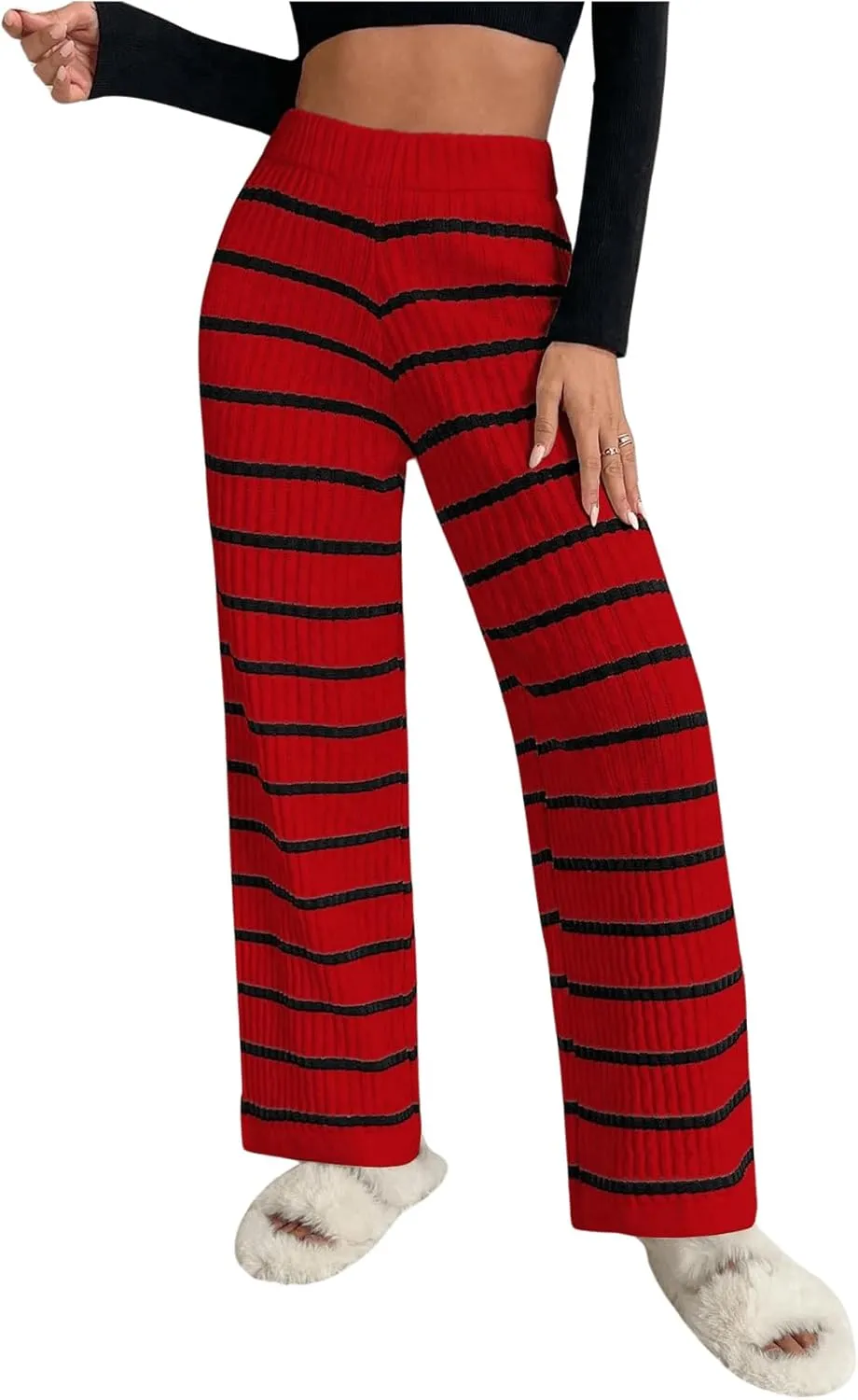 Verdusa Women's Elastic High Waist Stripe Print Knitted Lounge Sweater Pants