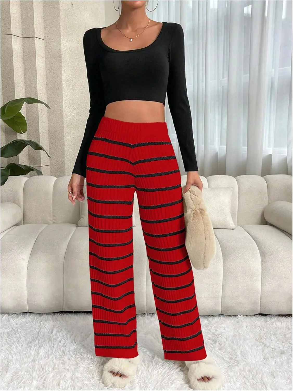 Verdusa Women's Elastic High Waist Stripe Print Knitted Lounge Sweater Pants