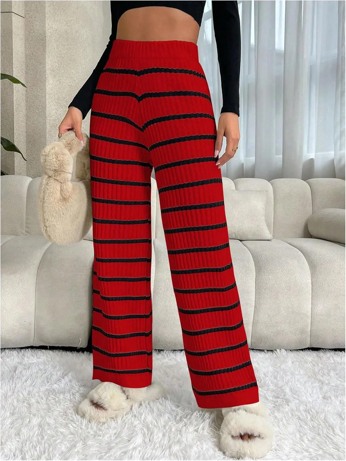 Verdusa Women's Elastic High Waist Stripe Print Knitted Lounge Sweater Pants