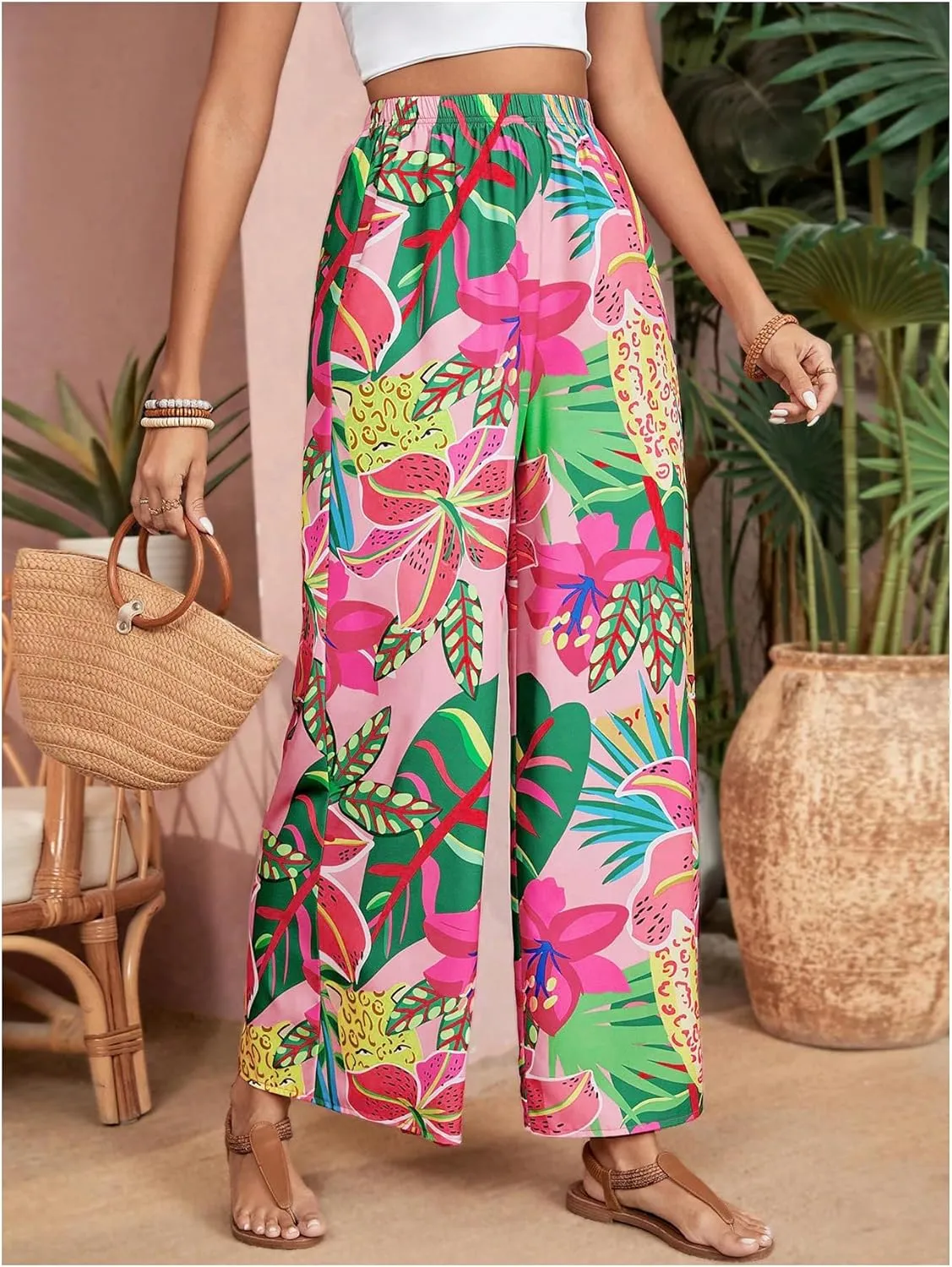 Verdusa Women's Tropical Floral Print Palazzo Pants Flowy Boho Summer Wide Leg Trousers