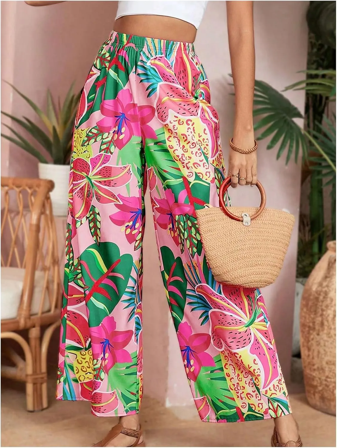Verdusa Women's Tropical Floral Print Palazzo Pants Flowy Boho Summer Wide Leg Trousers