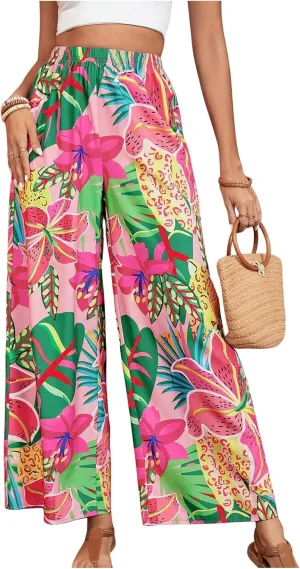 Verdusa Women's Tropical Floral Print Palazzo Pants Flowy Boho Summer Wide Leg Trousers