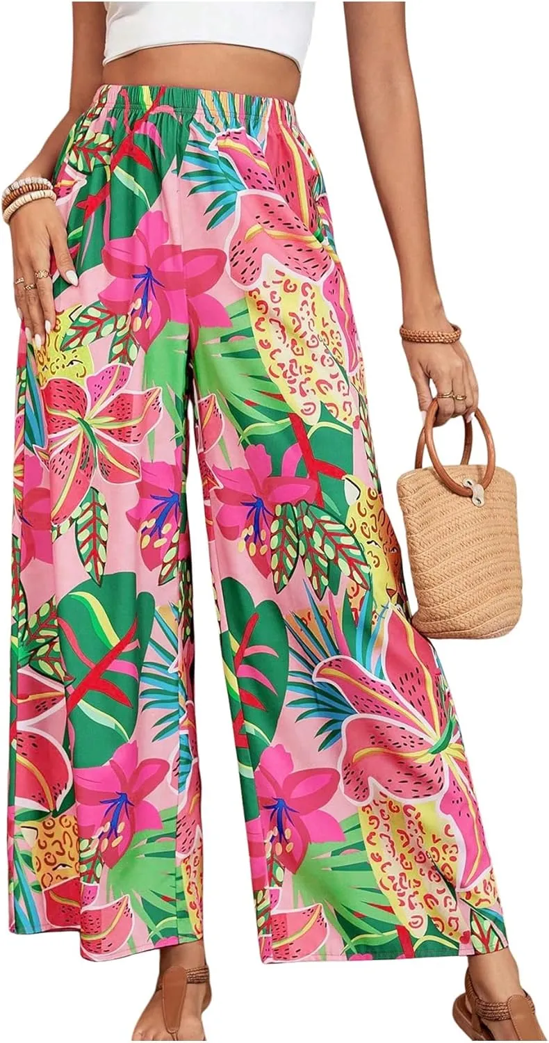 Verdusa Women's Tropical Floral Print Palazzo Pants Flowy Boho Summer Wide Leg Trousers