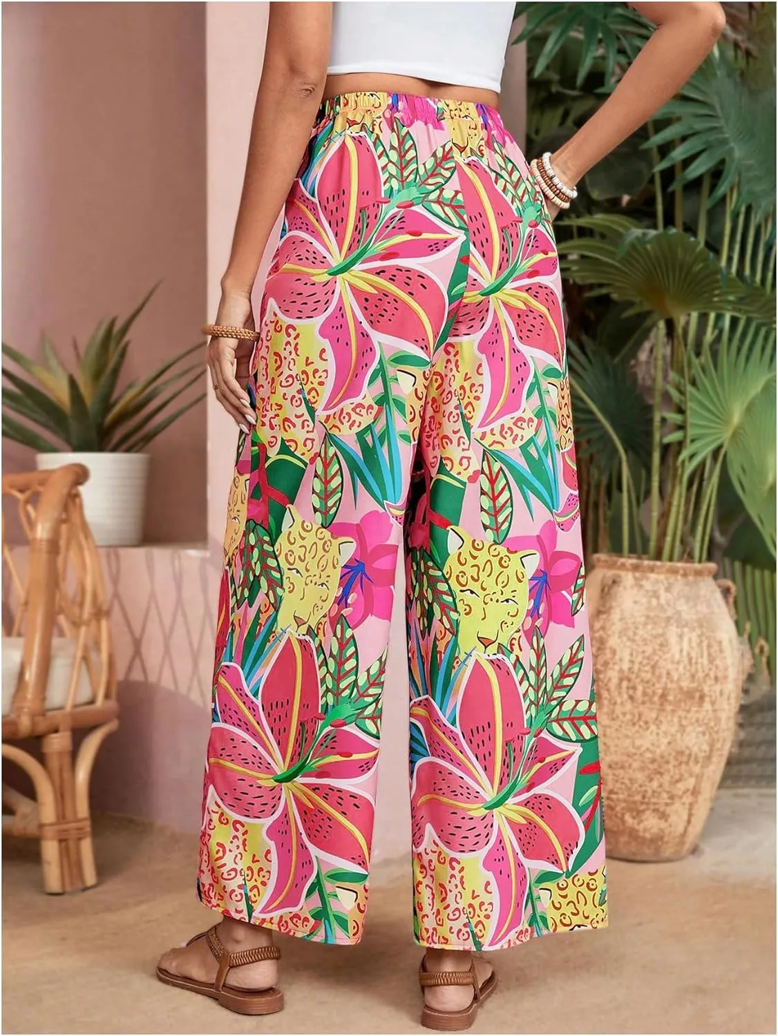 Verdusa Women's Tropical Floral Print Palazzo Pants Flowy Boho Summer Wide Leg Trousers