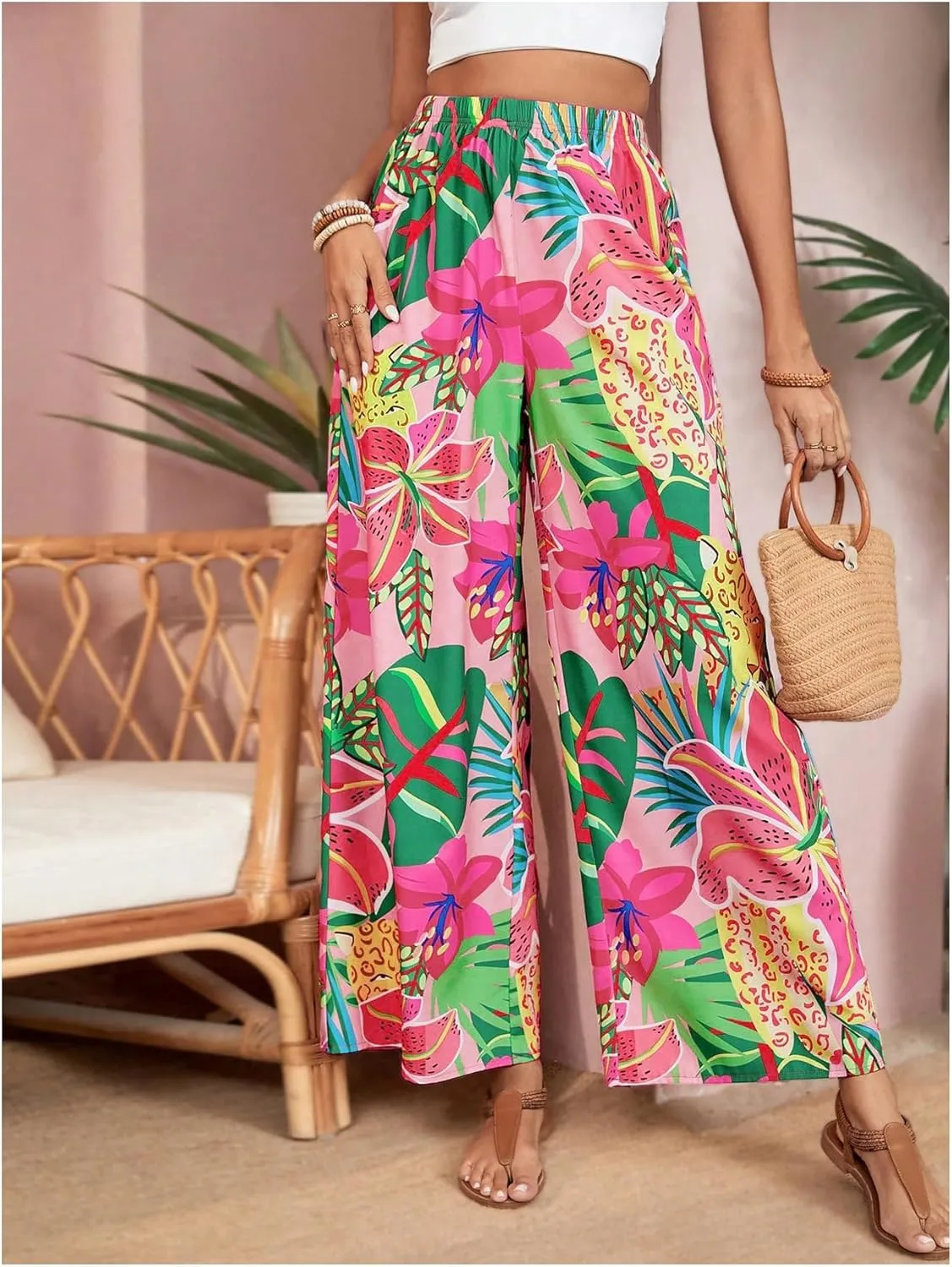 Verdusa Women's Tropical Floral Print Palazzo Pants Flowy Boho Summer Wide Leg Trousers