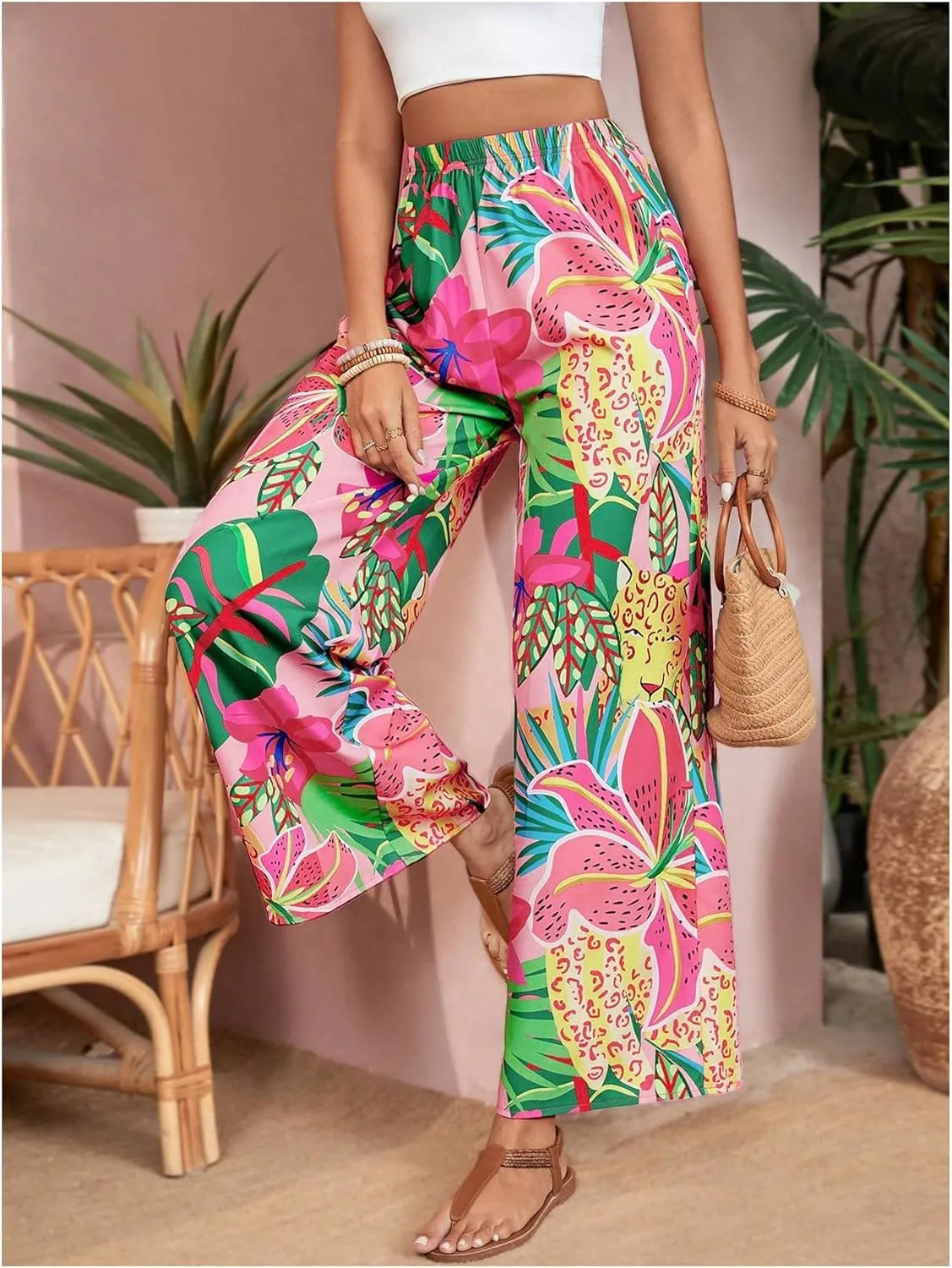 Verdusa Women's Tropical Floral Print Palazzo Pants Flowy Boho Summer Wide Leg Trousers