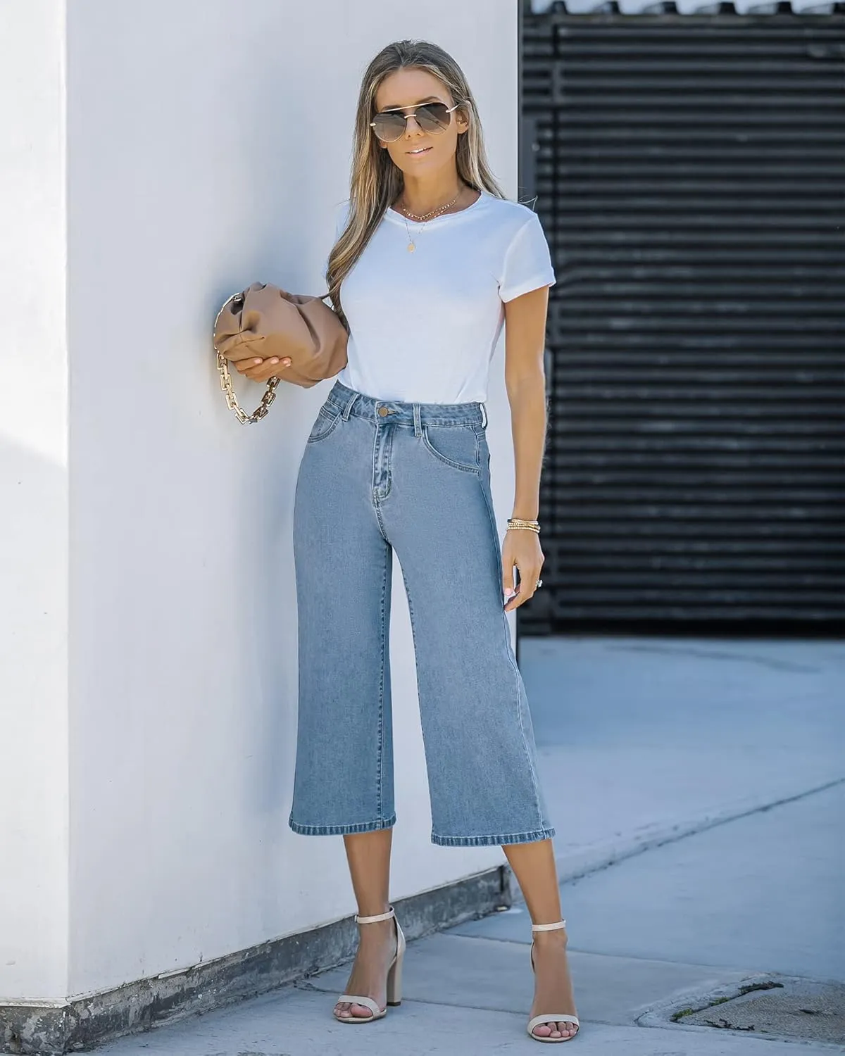 Vetinee Wide Leg Capri Jeans for Women High Waisted Stretch Cropped Baggy Denim Capris Dressy Pants