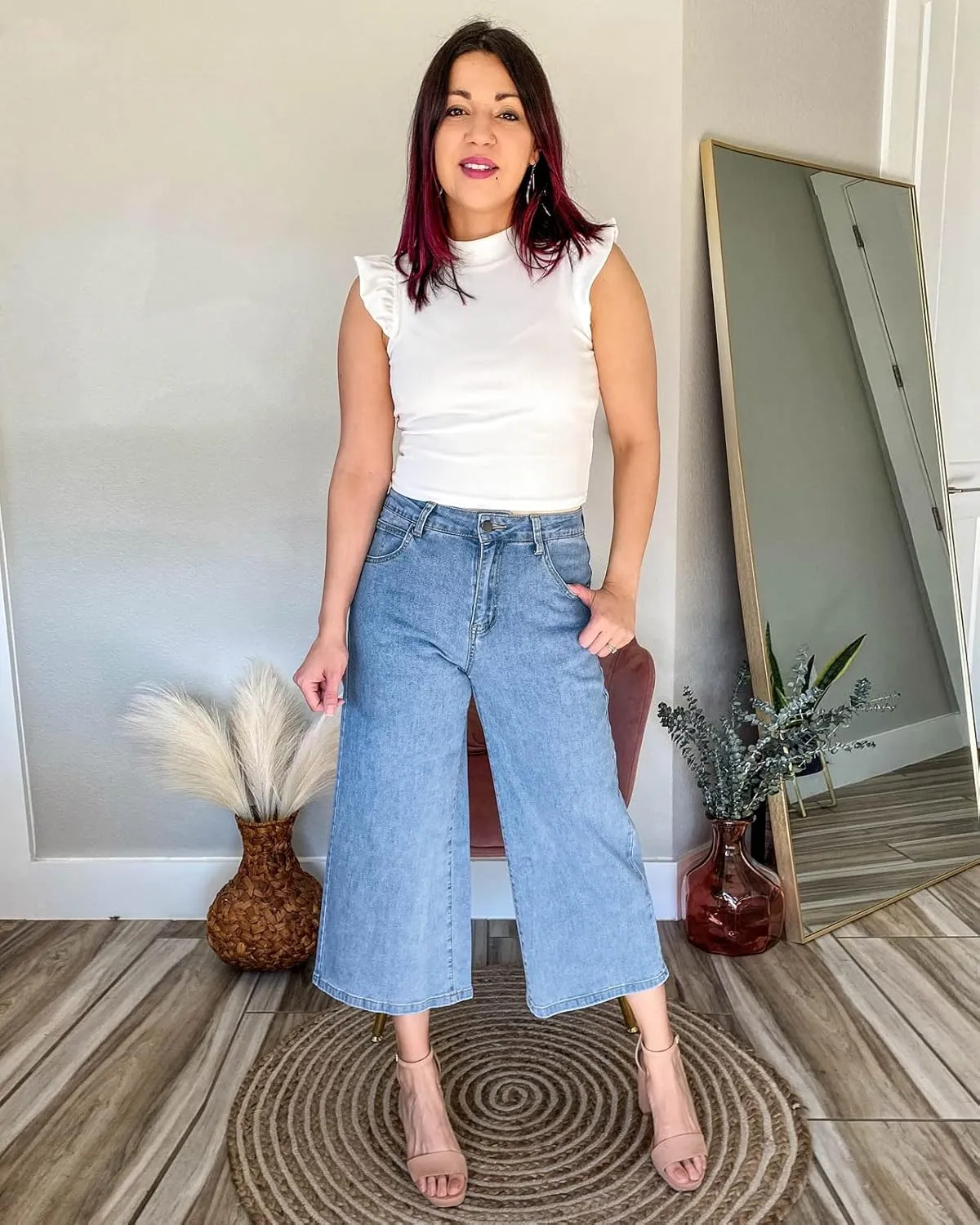 Vetinee Wide Leg Capri Jeans for Women High Waisted Stretch Cropped Baggy Denim Capris Dressy Pants