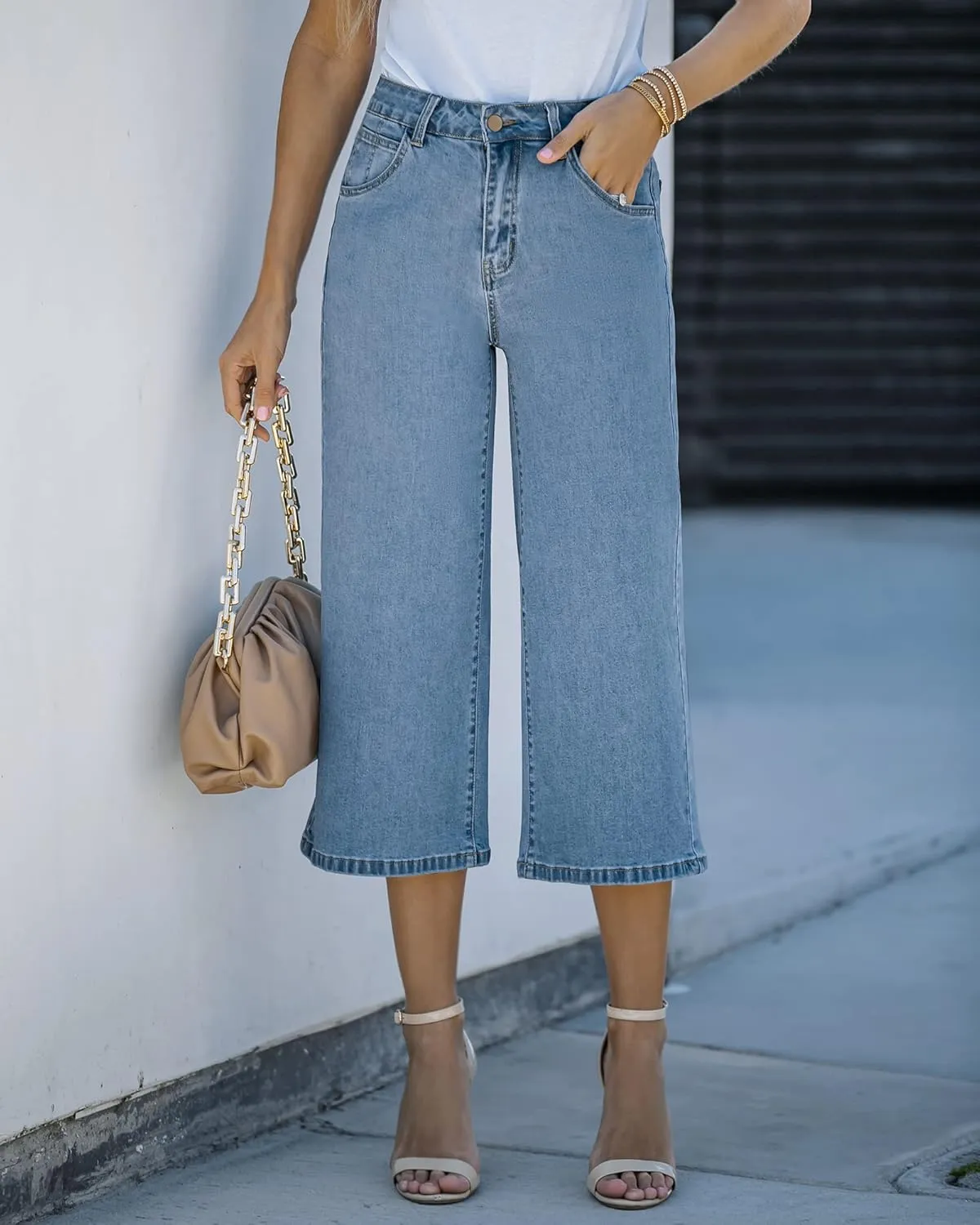 Vetinee Wide Leg Capri Jeans for Women High Waisted Stretch Cropped Baggy Denim Capris Dressy Pants