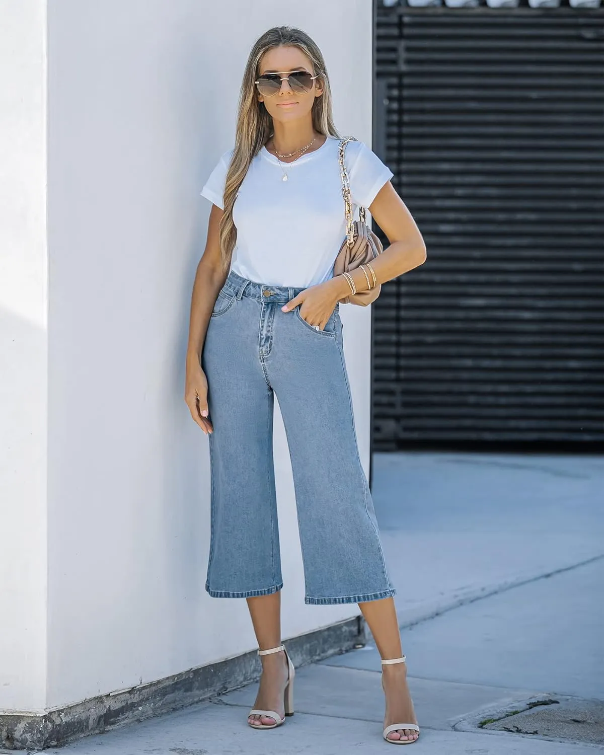Vetinee Wide Leg Capri Jeans for Women High Waisted Stretch Cropped Baggy Denim Capris Dressy Pants