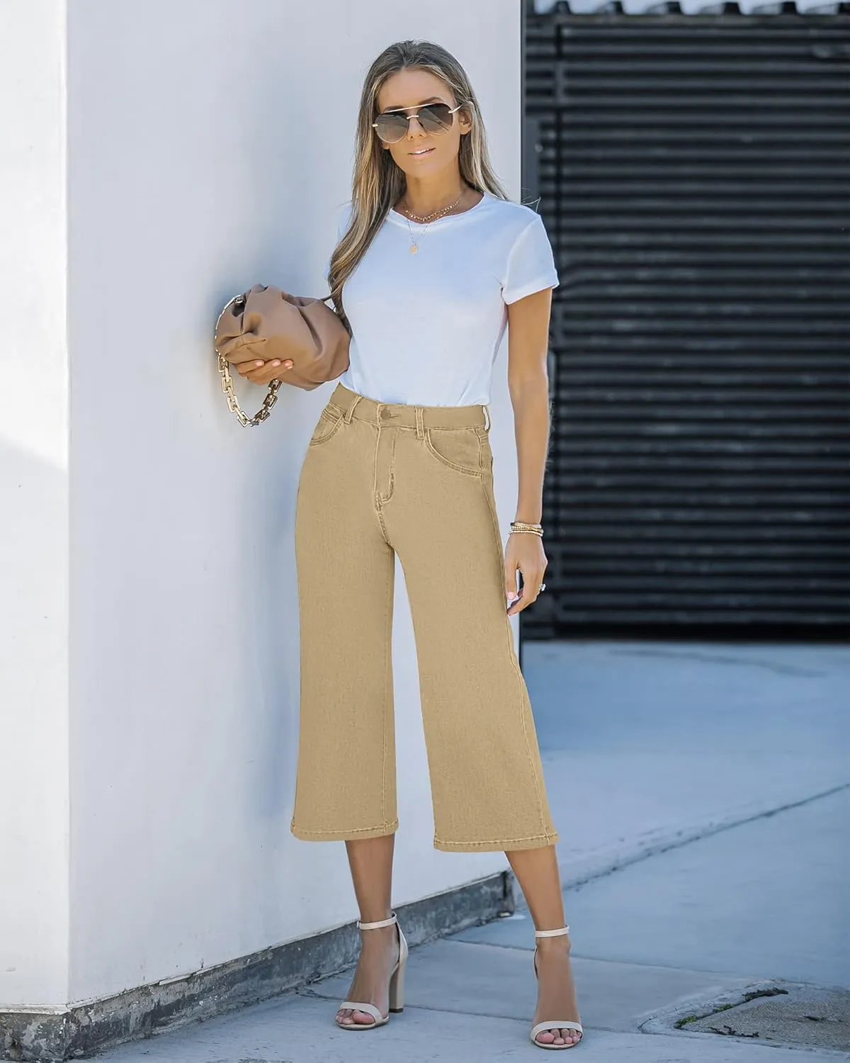 Vetinee Wide Leg Capri Jeans for Women High Waisted Stretch Cropped Baggy Denim Capris Dressy Pants