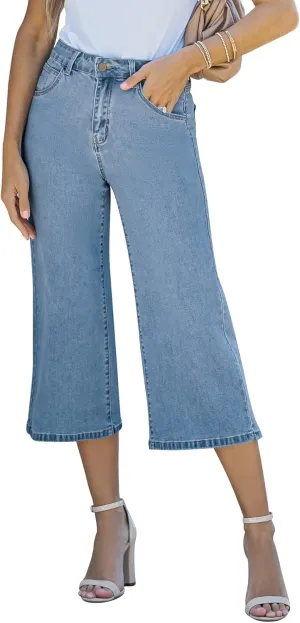 Vetinee Wide Leg Capri Jeans for Women High Waisted Stretch Cropped Baggy Denim Capris Dressy Pants