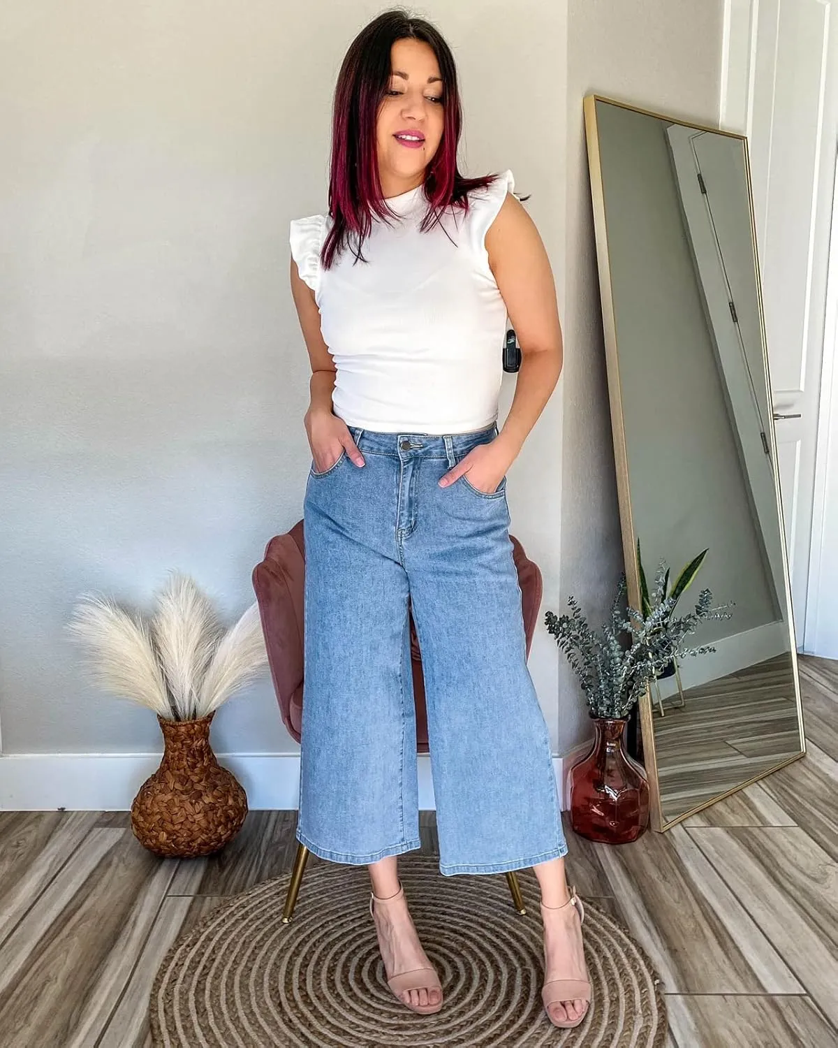 Vetinee Wide Leg Capri Jeans for Women High Waisted Stretch Cropped Baggy Denim Capris Dressy Pants