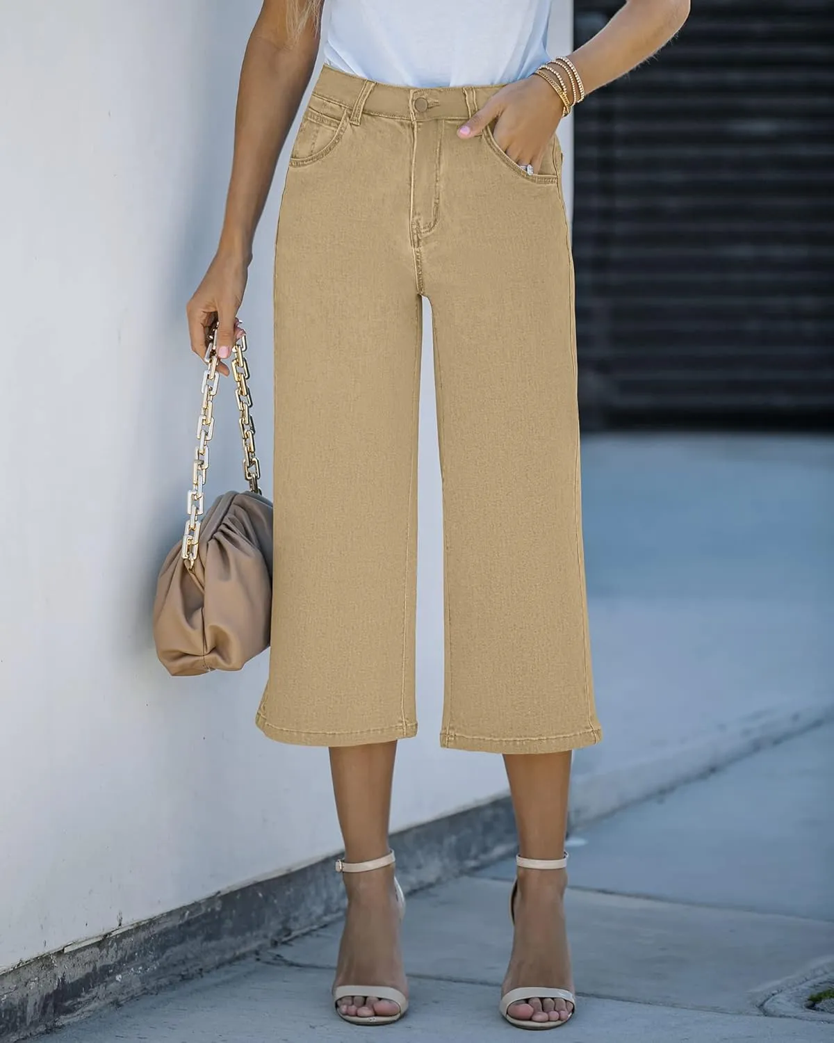 Vetinee Wide Leg Capri Jeans for Women High Waisted Stretch Cropped Baggy Denim Capris Dressy Pants