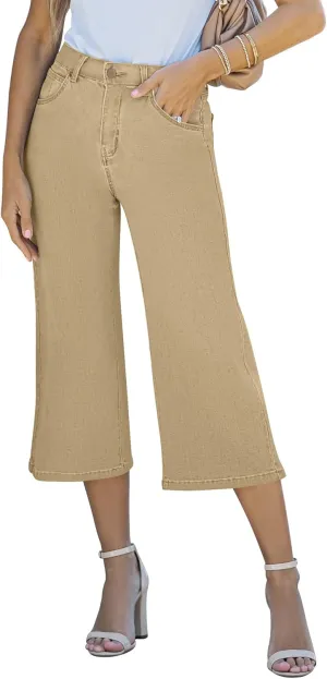 Vetinee Wide Leg Capri Jeans for Women High Waisted Stretch Cropped Baggy Denim Capris Dressy Pants