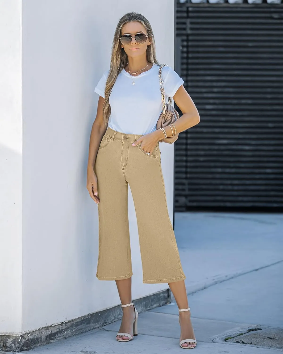 Vetinee Wide Leg Capri Jeans for Women High Waisted Stretch Cropped Baggy Denim Capris Dressy Pants