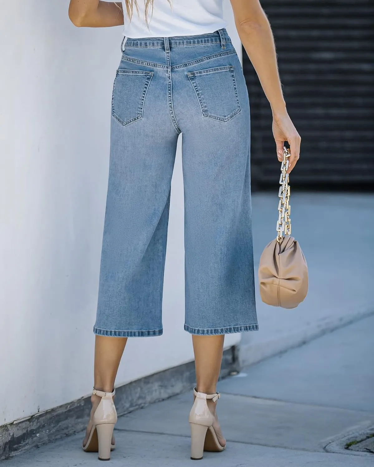 Vetinee Wide Leg Capri Jeans for Women High Waisted Stretch Cropped Baggy Denim Capris Dressy Pants