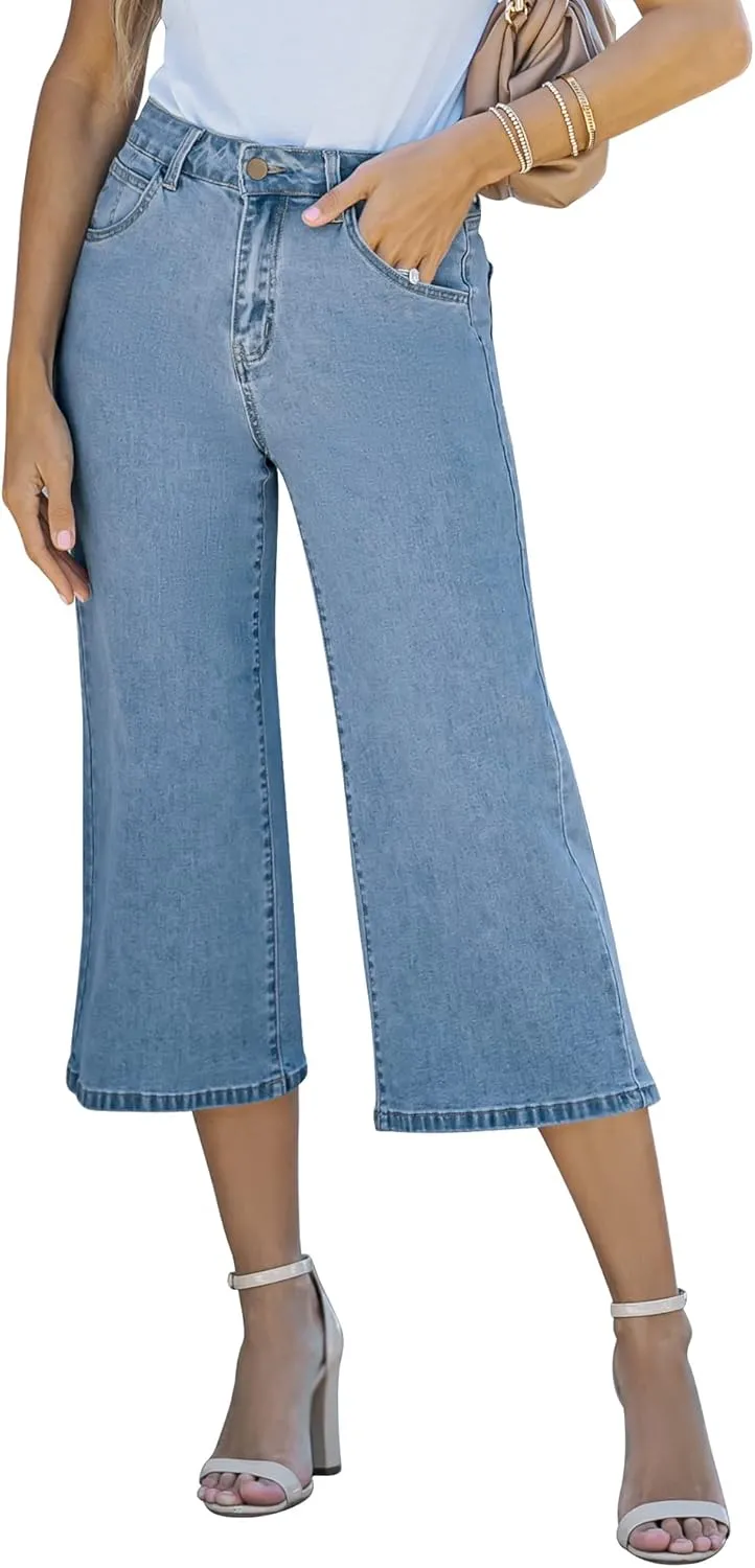Vetinee Wide Leg Capri Jeans for Women High Waisted Stretch Cropped Baggy Denim Capris Dressy Pants