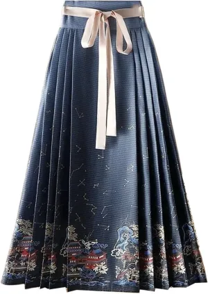 Vintage Chinese Style Horse Face Skirts for Women One-Piece Long Hanfu Pleated Skirt Woman