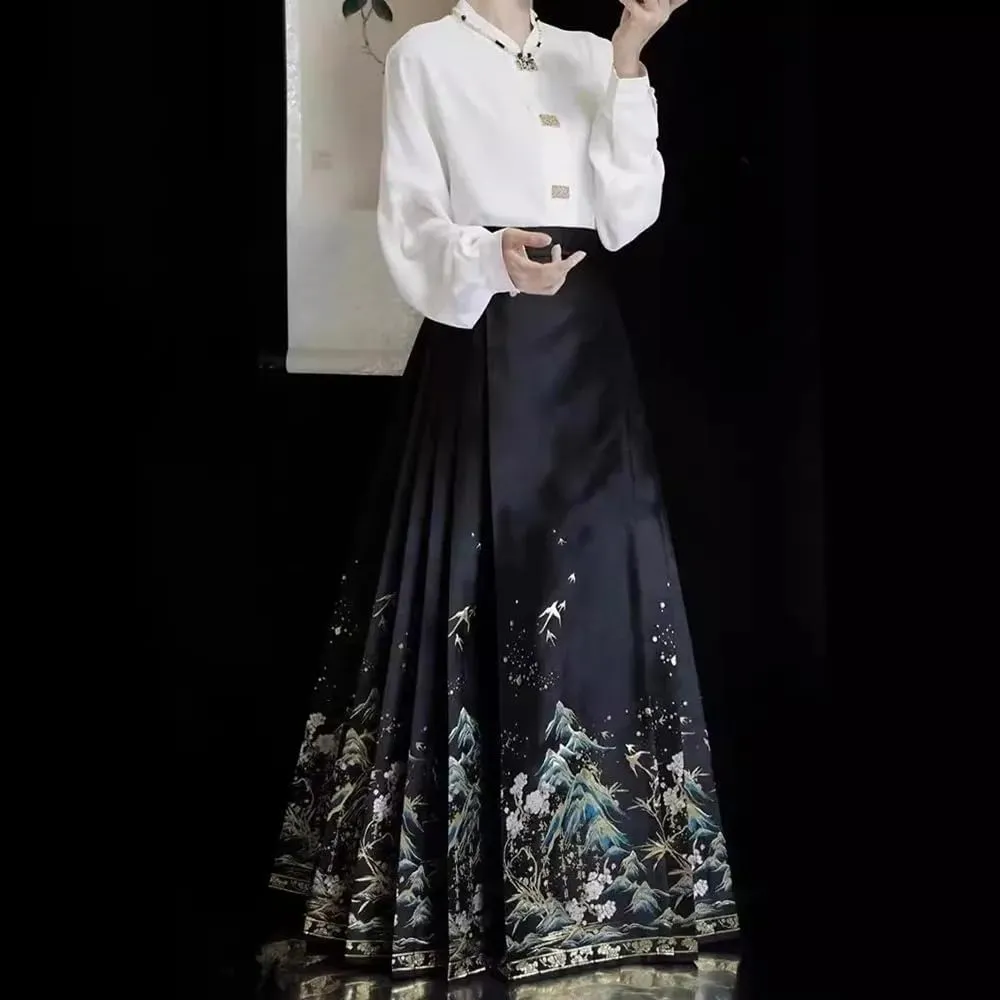 Vintage Chinese Style Horse Face Skirts for Women One-Piece Long Hanfu Pleated Skirt Woman