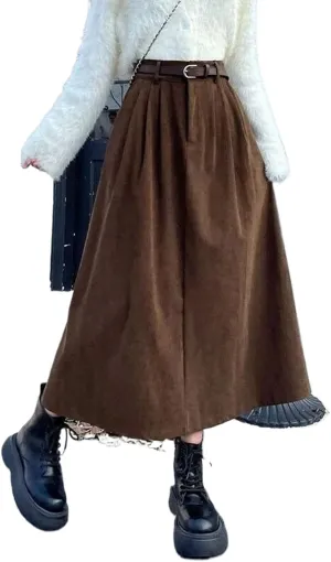 Vintage Corduroy Long Skirt Women Autumn Winter High Waist Pleated Skirts Woman Streetwear A Line Midi Skirt