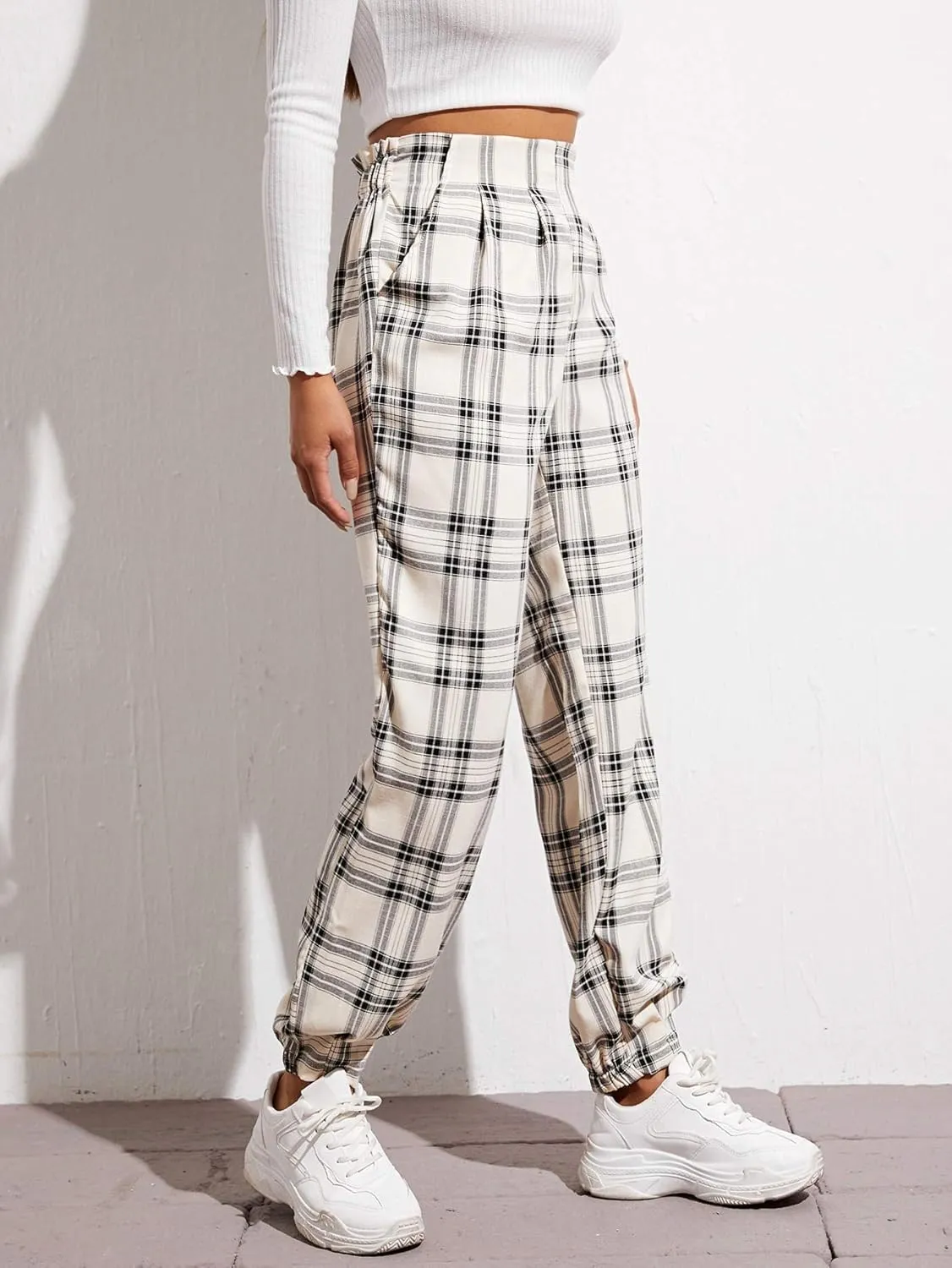 WDIRARA Women's Plaid Elastic High Waist Casual Tartan Pants with Pockets