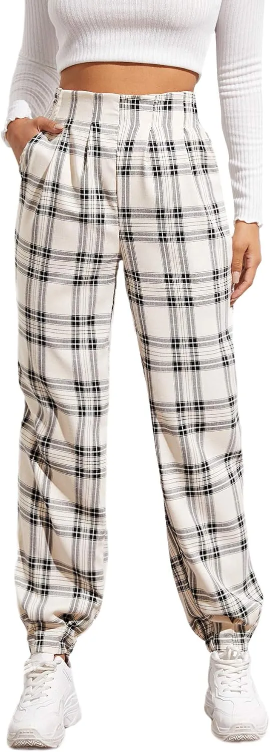 WDIRARA Women's Plaid Elastic High Waist Casual Tartan Pants with Pockets