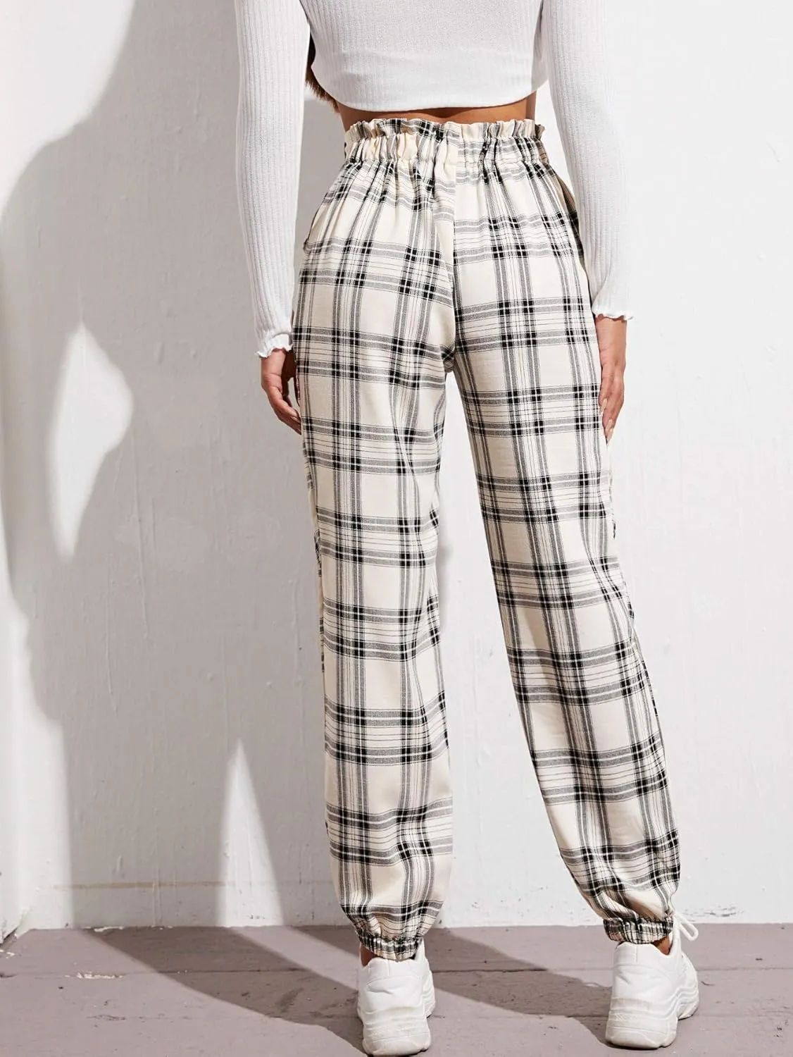 WDIRARA Women's Plaid Elastic High Waist Casual Tartan Pants with Pockets