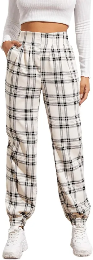 WDIRARA Women's Plaid Elastic High Waist Casual Tartan Pants with Pockets