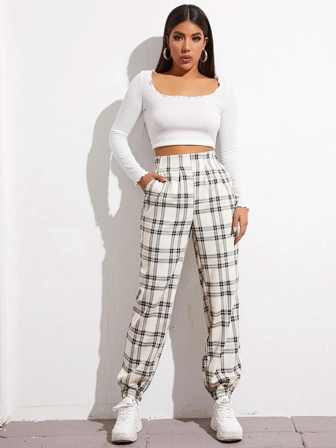 WDIRARA Women's Plaid Elastic High Waist Casual Tartan Pants with Pockets