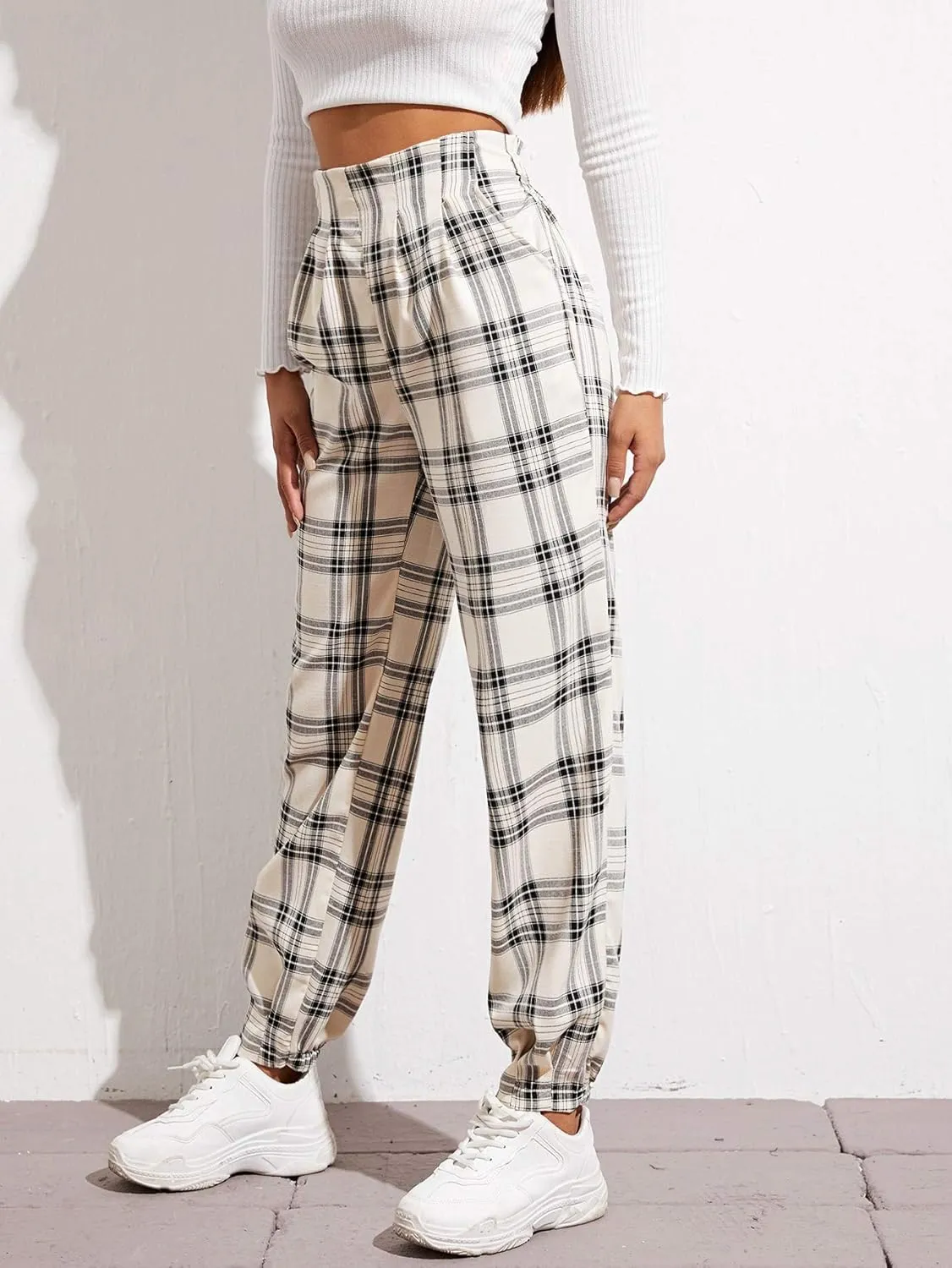 WDIRARA Women's Plaid Elastic High Waist Casual Tartan Pants with Pockets