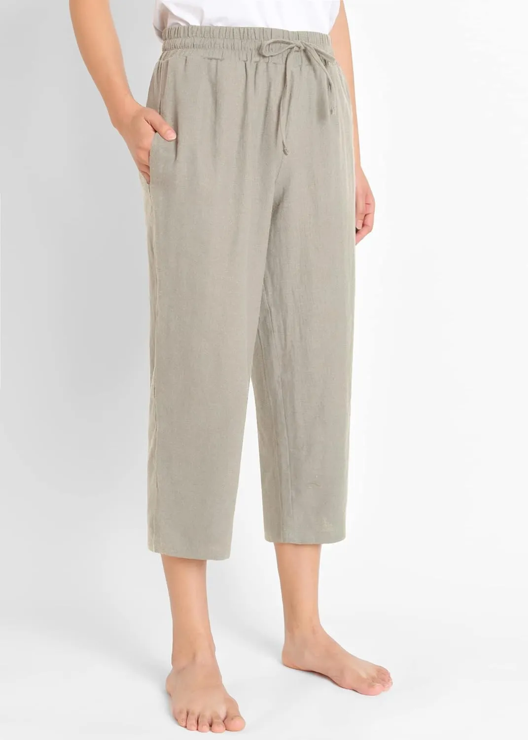 Weintee Women's Linen Crop Pants Capris with Pockets
