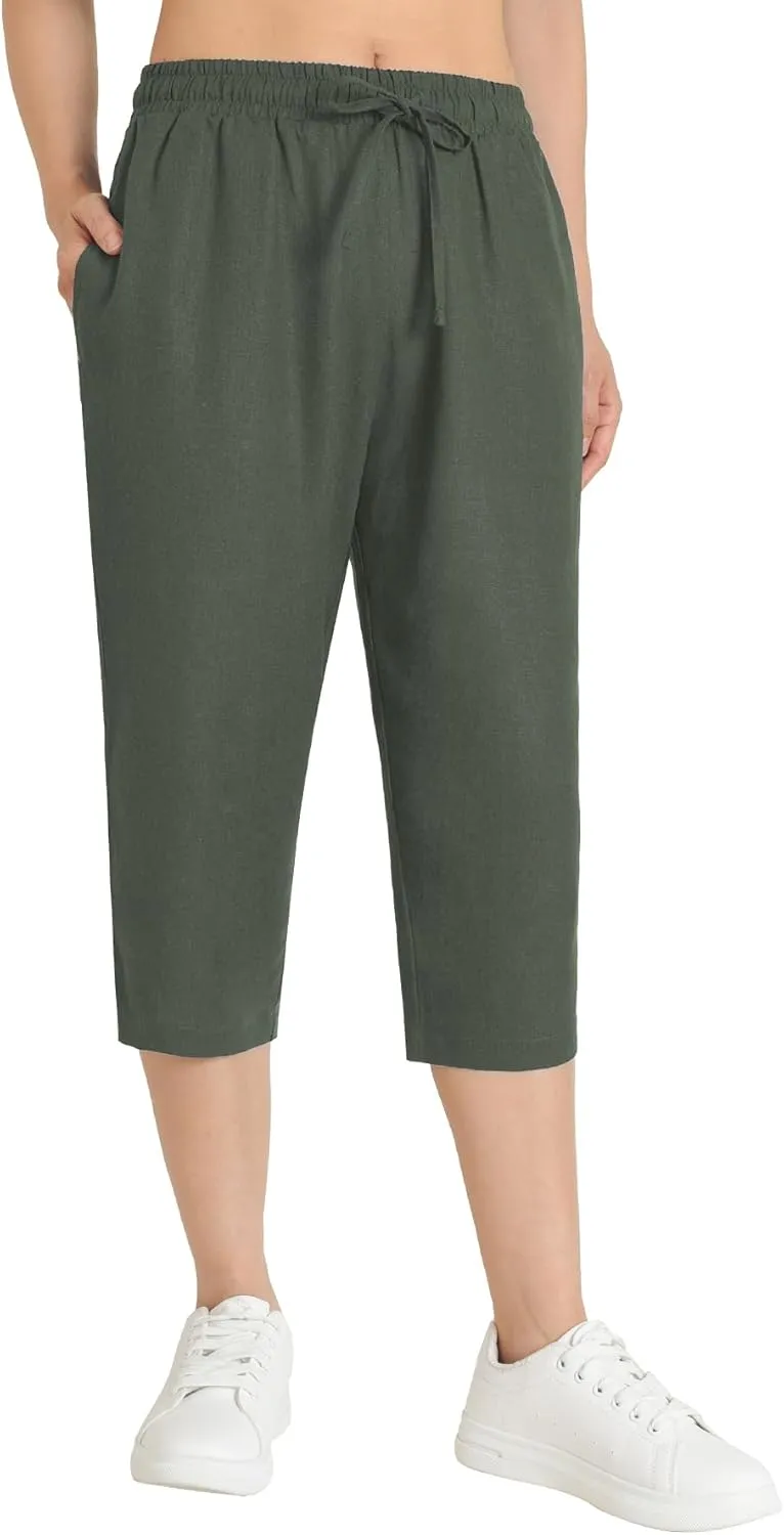 Weintee Women's Petite Linen Capris Capri Pants with Pockets