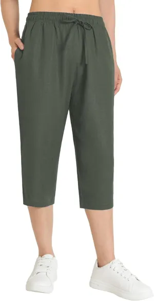 Weintee Women's Petite Linen Capris Capri Pants with Pockets